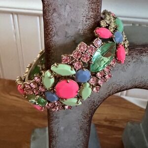 J.Crew Statement Hinged Bangle Bracelet Neon Pink Green Multi Stone OS‎